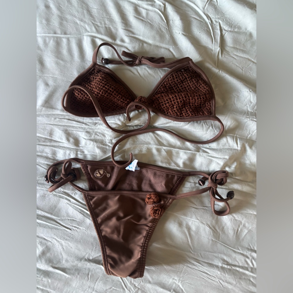 Brazilian small Brown Crochet Trim Triangle Bikini Top and Tie-Side Bottoms